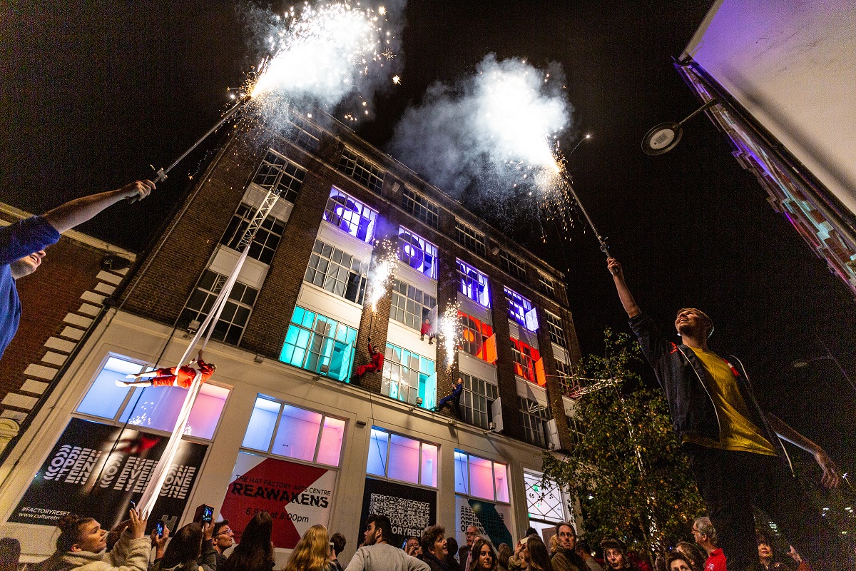 A moment with pyrotechnics from Factory reset in Luton outside the Hat Factory Arts Centre