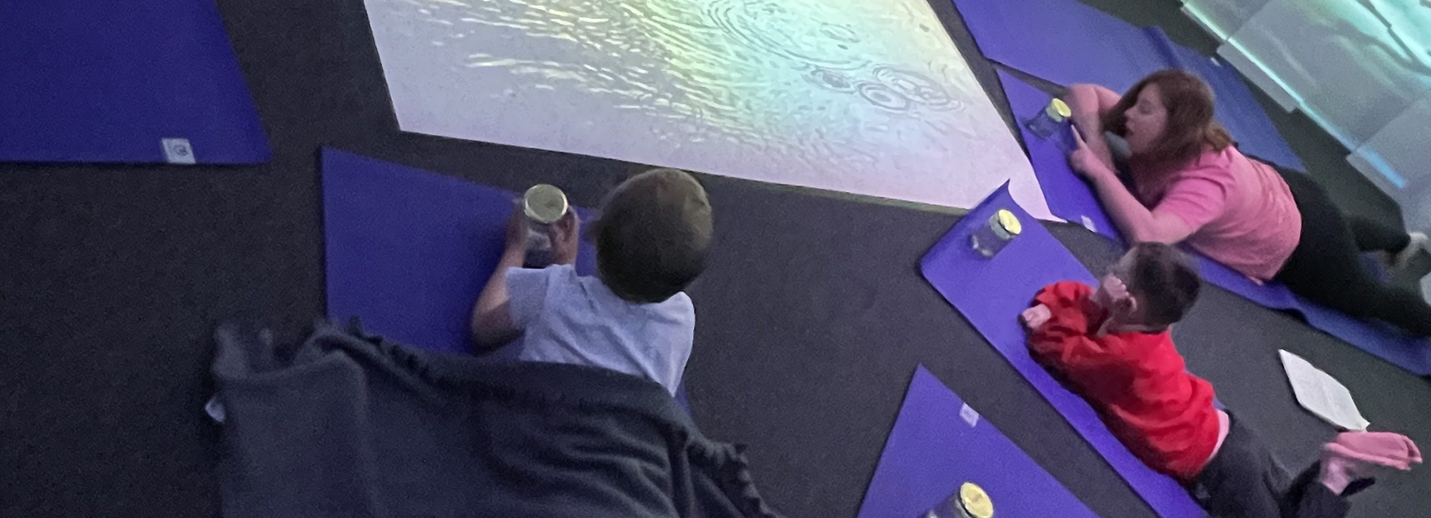 A group of young people on yoga mats circled around a reflective screen on the floor that looks like water.
