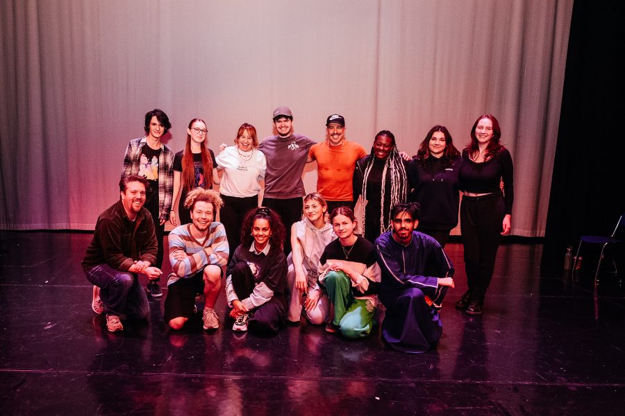 A group photo in a Drama Studio of Sixth form college students and Tangled Feet creatives.